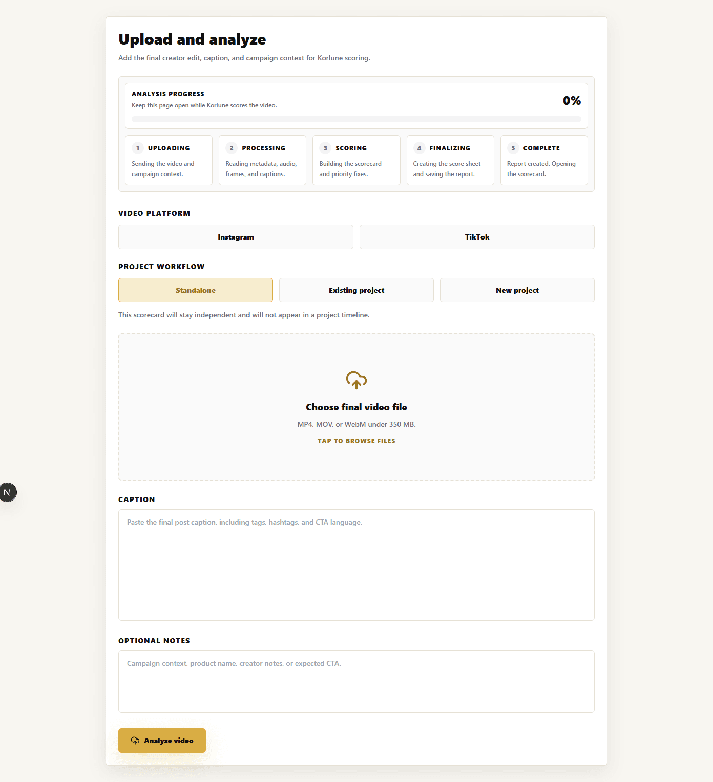 Korlune CVS upload workflow showing analysis progress, platform selection, project workflow, and video upload form